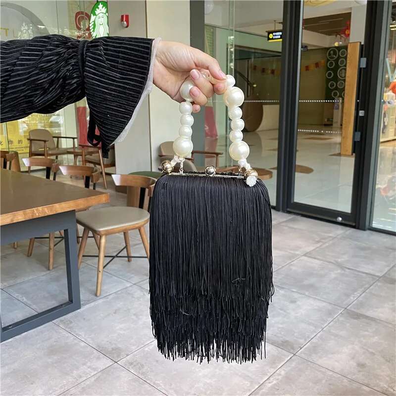 Small Square Female Pearl Chain Handbag Dinner High Quality Long Tassel Clutch Black Evening Bag