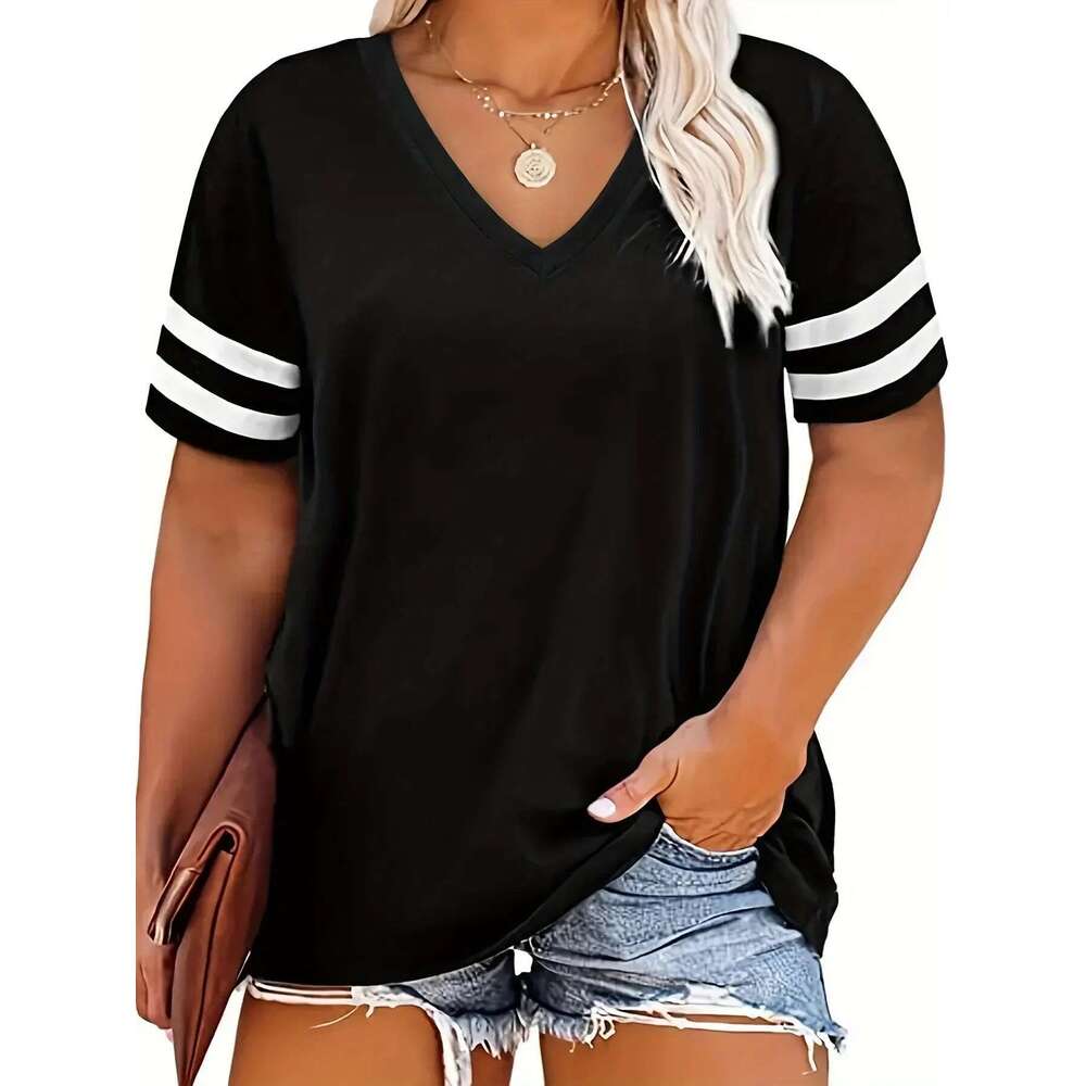 Women's short sleeved V-neck T-shirt, plus size 1XL-4XL, casual, solid color, loose, sporty, outdoor, women's clothing
