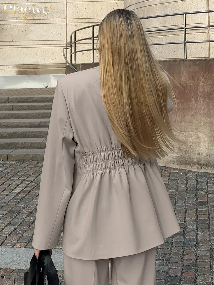 Clacive Fashion loose khaki office womens twopiece set elegant long sleeved jacket high waist wide pants for women 250326