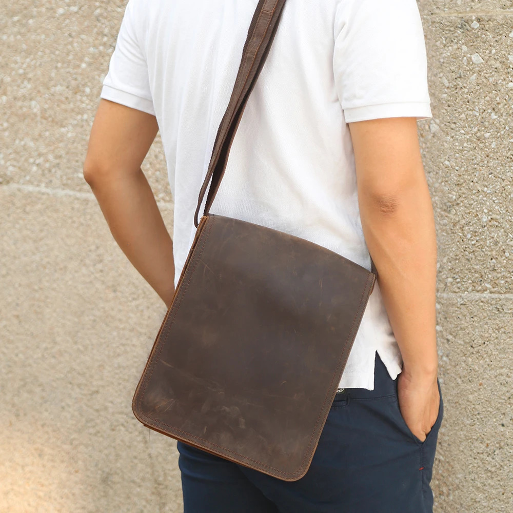 JOYIR Retro Crazy Horse Leather Mens Messenger Bag Flip Cover Casual Small Cross Body 97inch iPad Travel Work Shoulder 250326