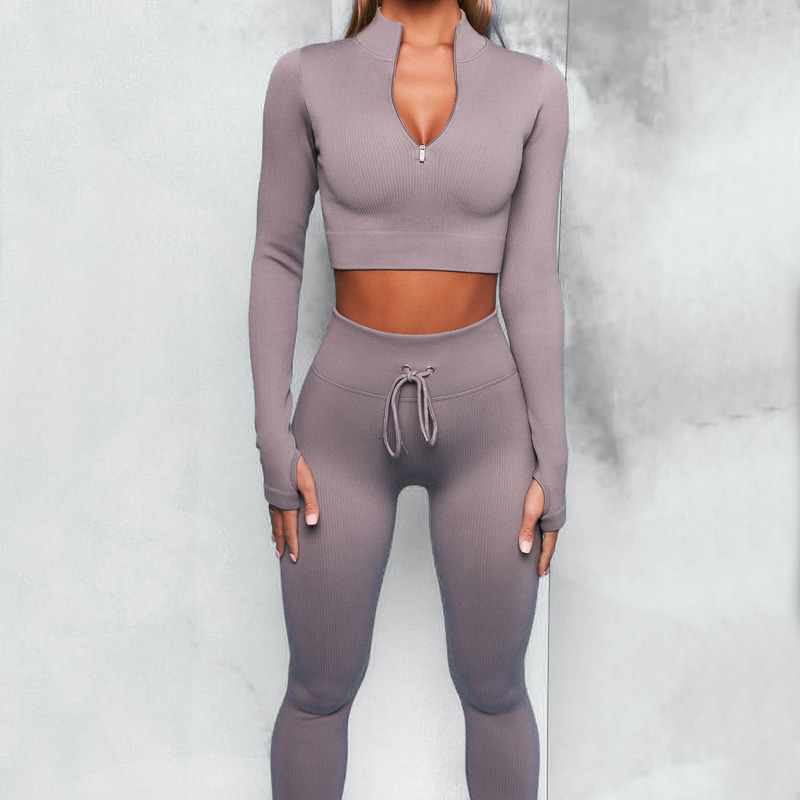 Sports, Running, Fitness Wear, Solid Color Zippered Suit, Long Sleeved Drawstring Buttocks Lifting Pants, Yoga Suit Set For Women