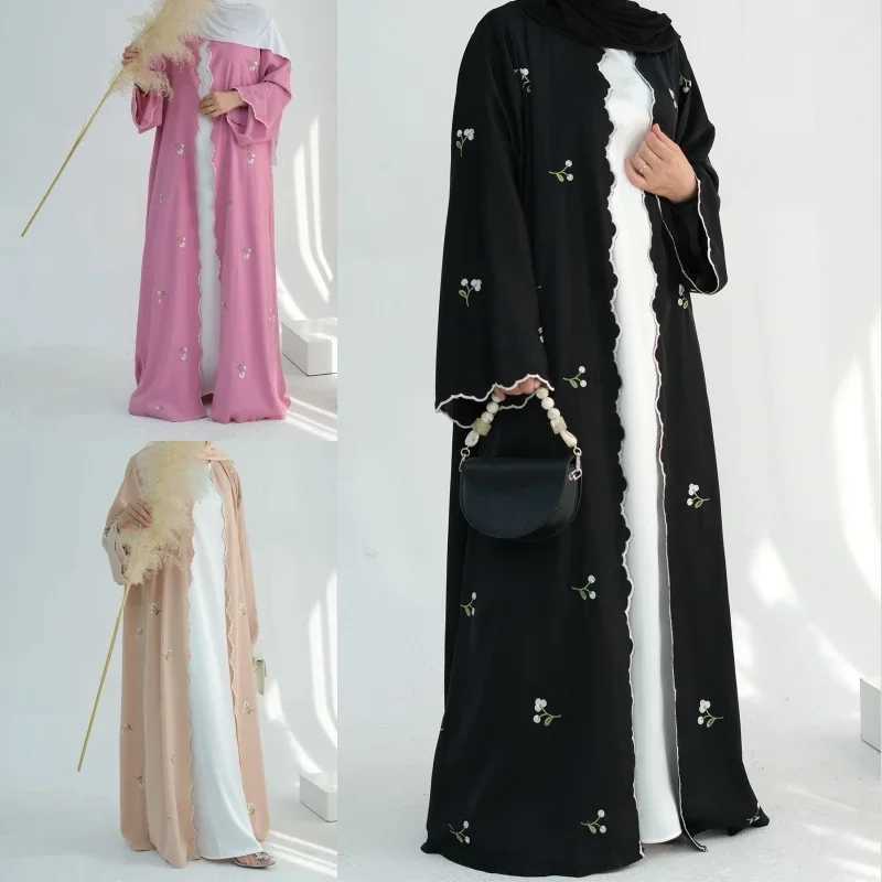 Women Elegant Front Open Wavy Abaya Dubai Embroidery Flower Cardigan Muslim Loose Burqa Islamic Long Slved Dress Robe Kaftan X250514
