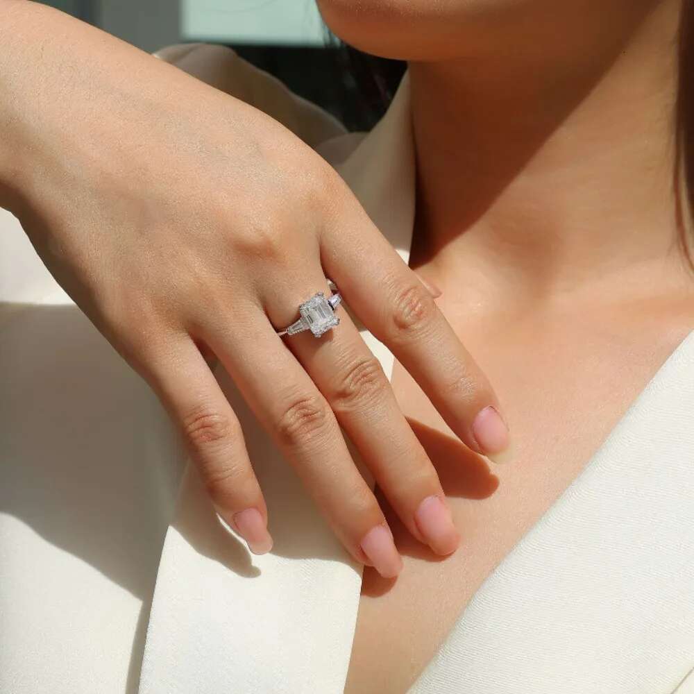 Certified 1-4ct Full Moissanite Ring for Women Trapezoid Emerald Cut Diamond Engagement Wedding Band 925 Sterling Silver Jewelry