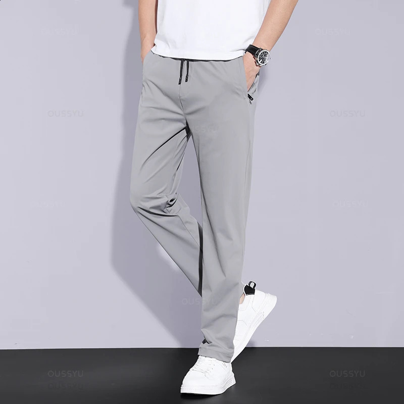 2024 Summer Mens Casual Pants Thin Soft Sports Zip Pocket Korea Grey Black Elasticity Lace-up Waist Jogging Work Trousers Male 250317