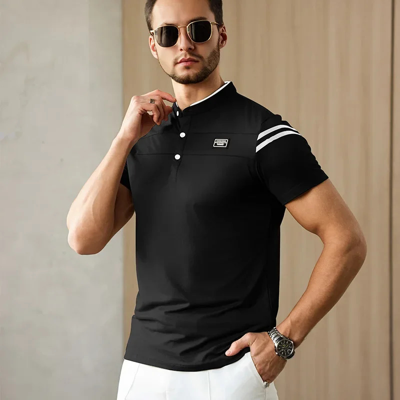 mens casual fashion solid color short sleeved polo shirt stand up collar version comfortable top 250327