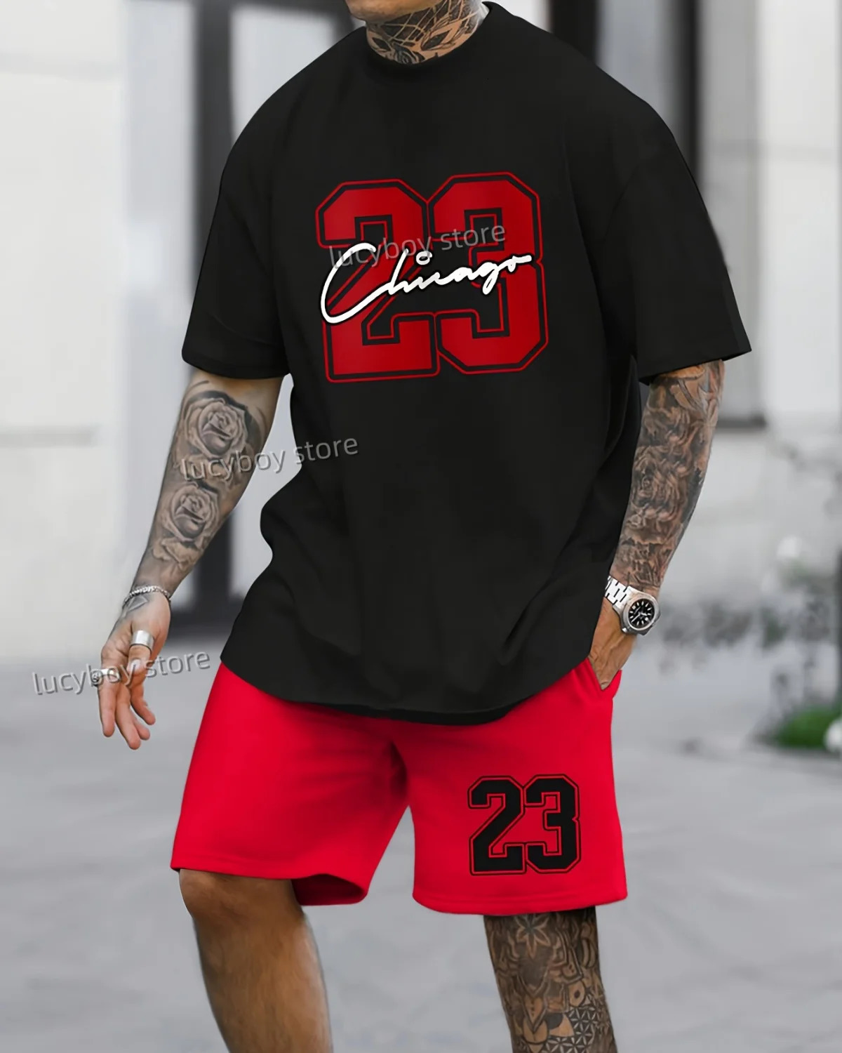 Mens 23 print set 2piece mens Tshirt shorts casual retro sportswear clothing 250326