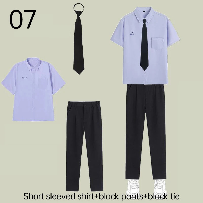JK MensWomens Uniform Thai Style School Short Sleeve White ShirtLight Purple Shirt Preparatory Folded Ski BeltTie 250326
