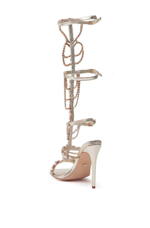 2025 Crystal Chain Corner Toe Sandals Rear Zipper Womens Shoes Thin High Heels Fiction Party Summer Zapatos Para Mujere 44 250317