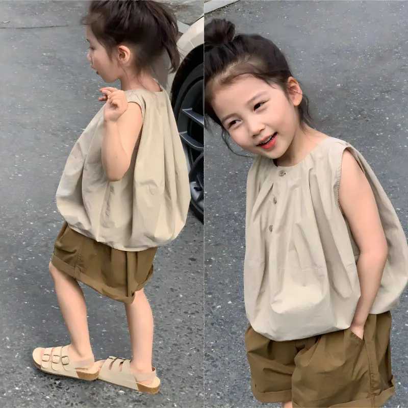 Girls clothing set sleeveless single chest pumpkin jacket+curly shorts 2024 summer new childrens set baby clothingT250327