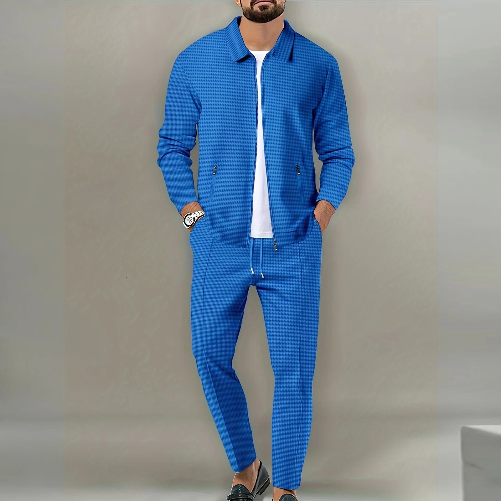 SpringSummer Sports Mens Youth Fashion Solid Color Jacket Trouser Double Casual Sportswear Zip Tracksuit 250327