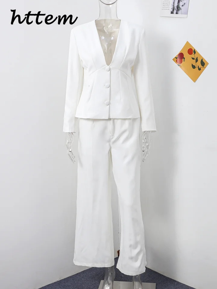 Elegant jacket pants set 2piece womens deep Vneck single chest wide leg autumn office 250326