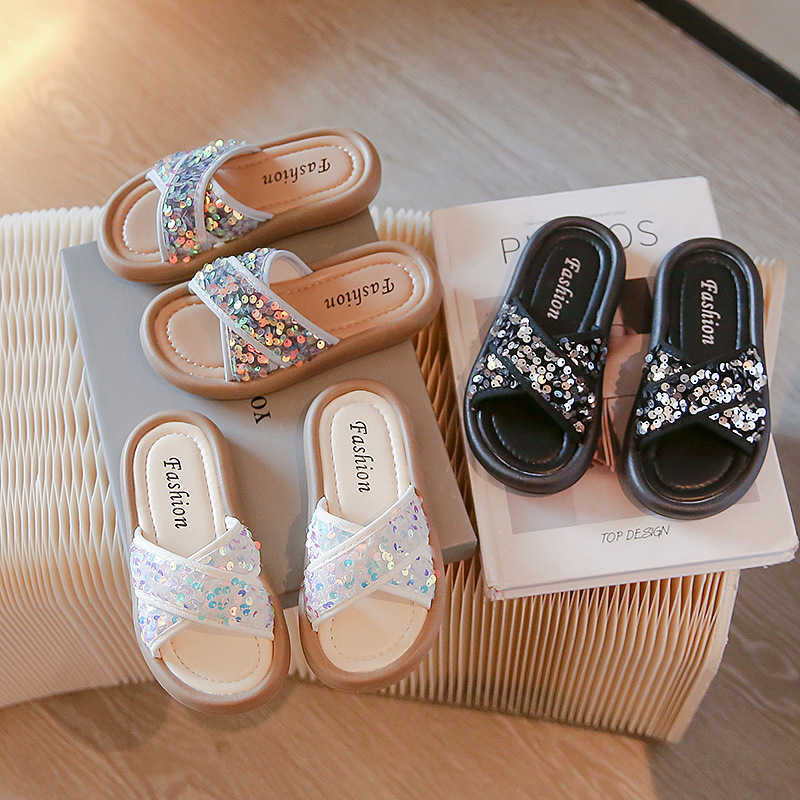 Slipper Girls sandals 2024 summer new childrens shoes little girls casual slippers soft soled anti slip sequined beach shoes S25326