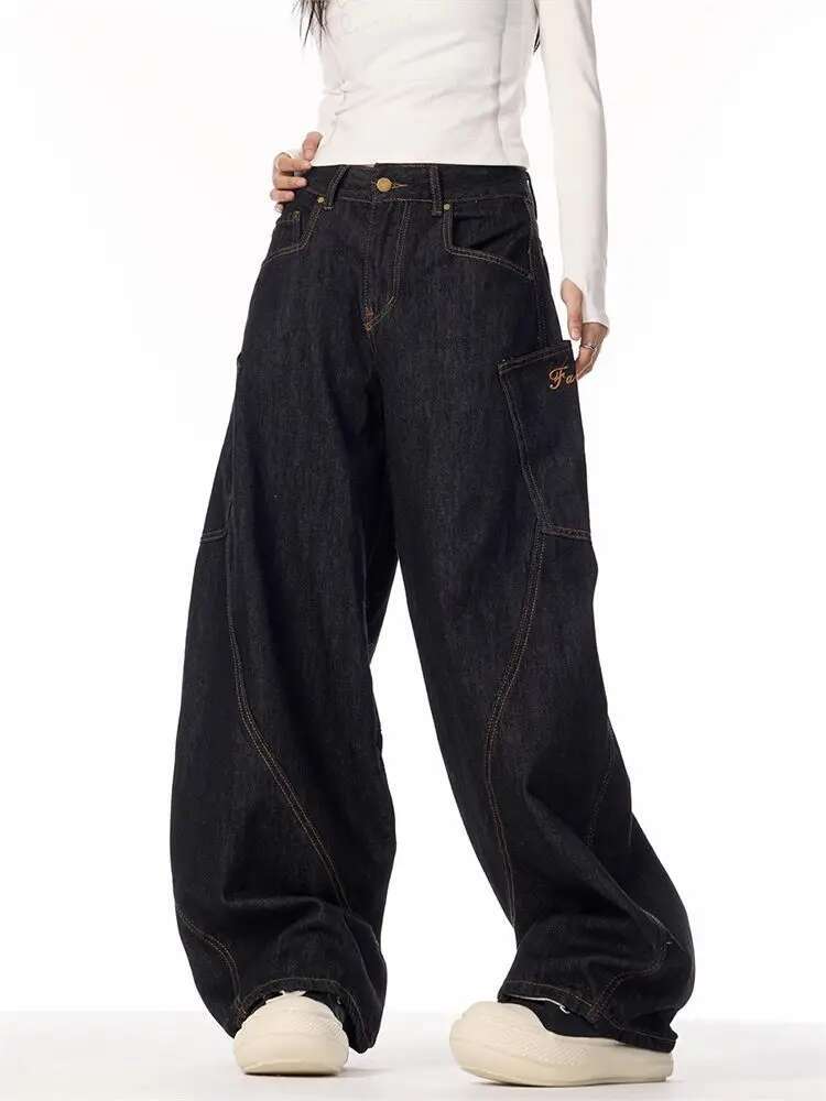 HOUZHOU Vintage Grunge Y2k Jeans Women High Street Black Baggy Trousers Wide Punk Casual Straight Oversized Denim Pants