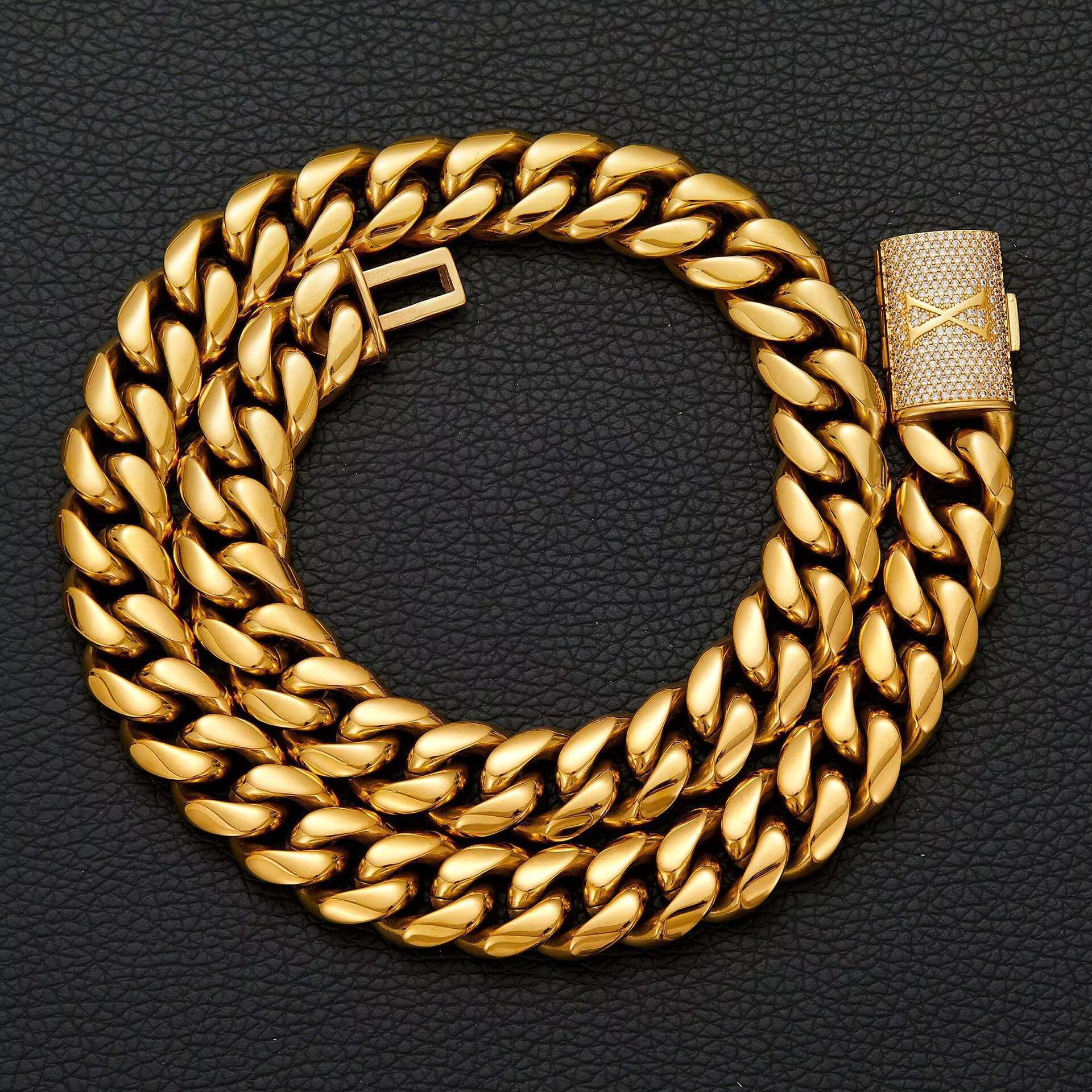 26 Letters Alphabet Iced Out Buckle Stainless Steel Cuban Link Necklace Bracelet for Men | 18K PVD Gold Plated HIP Top Jewelry