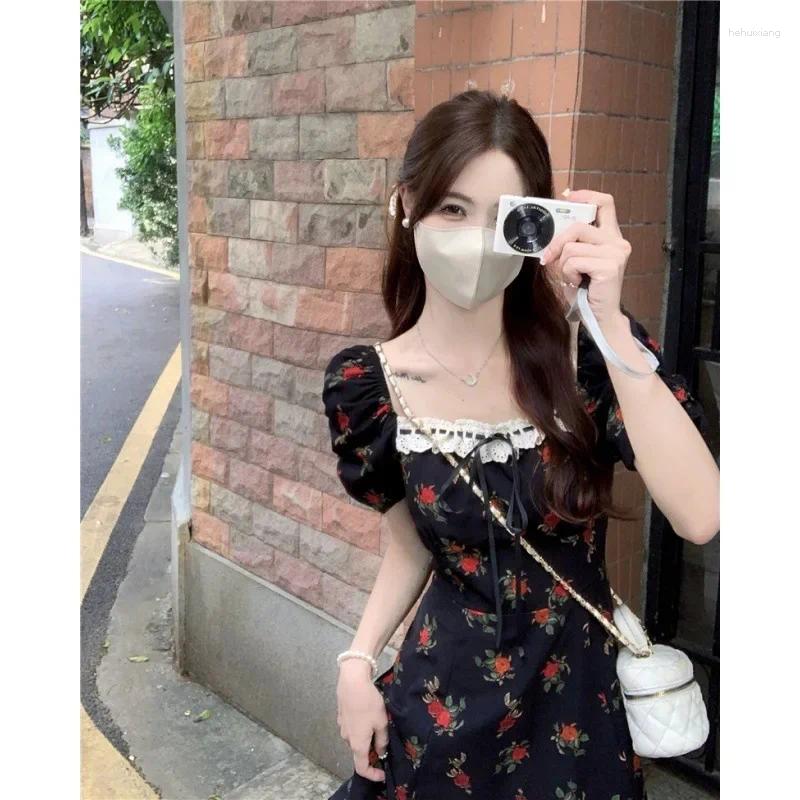Plus Size Dresses Summer French Style Square Collar Splice Bubble Short Sleeve Slimming Length Chiffon Dress Wome...