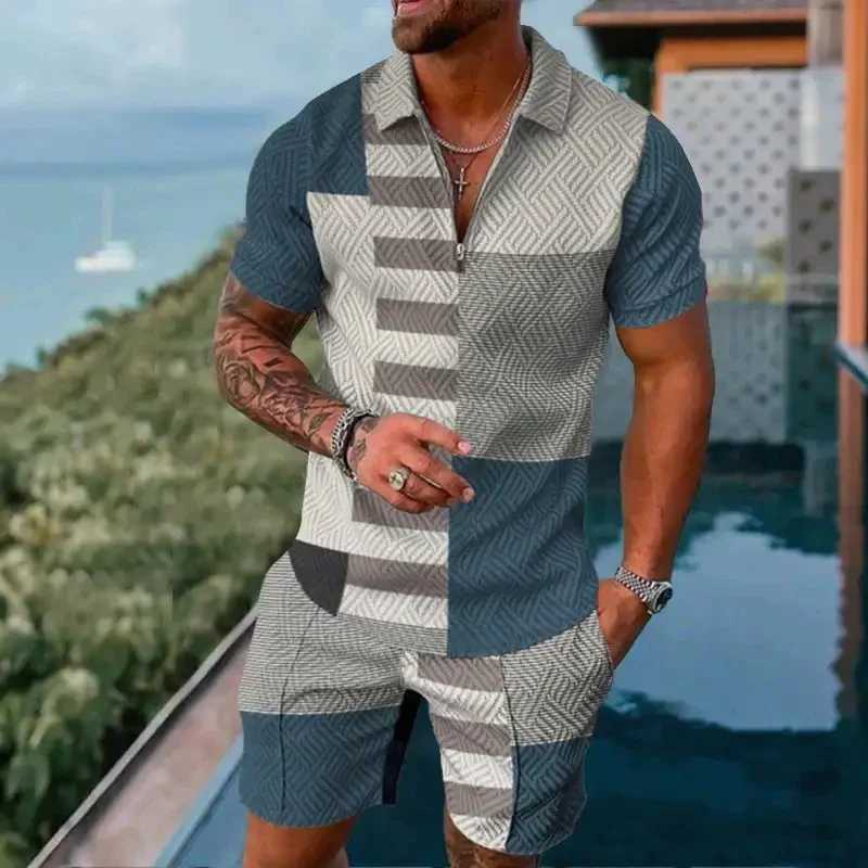 Mens Zipper Polo Set 2-piece Flip Collar Retro Casual Stripe 3D Printed Shorts Hawaii Summer Holiday Style ClothingXJ250326