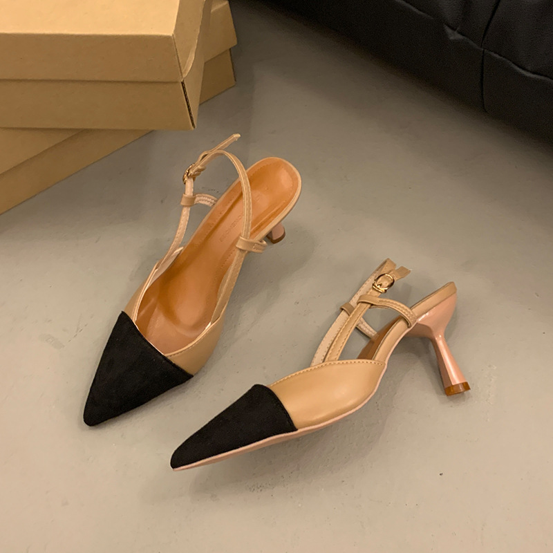 free Shipping sandals Slippers with fine heels Baotou sandal One character strip Cusp high-heeled shoes Versatile nude color shoe