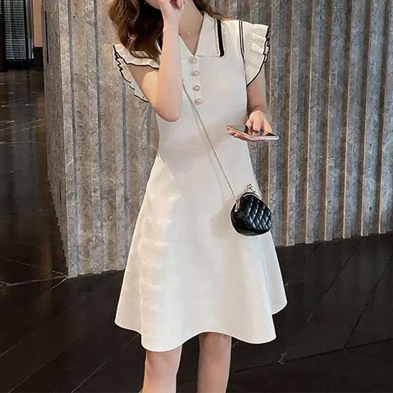 Preppy Short Women Style Buttons Sleeved Knit Contrast Color Stripes Turn-down Collar Summer Mid-Length Casual Dress