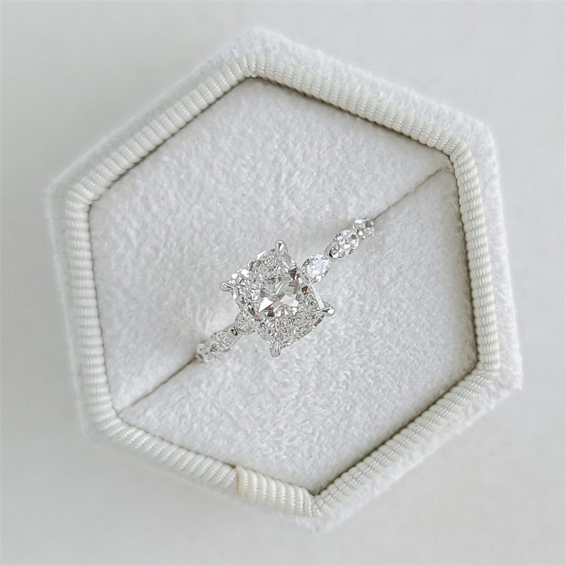 Jewelry 2.0 Carat Elongated Cushion CVD HPHT Lab Diamond Engagement Ring 14K White Solid Gold With Marquise Side Lab Diamond Wedding Ring For Women