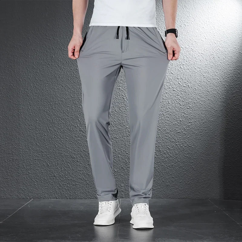 2024 Summer Soft Ice Silk Fabric Mens Thin Casual Pants Korean-style fashion Straight High Stretch Trousers Male 250317