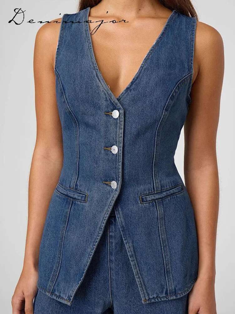 Street Denim Vest Set Women Solid Single Breasted V-Neck Sleeveless Top High Waist Shorts Female Summer Elegant Lady Suits