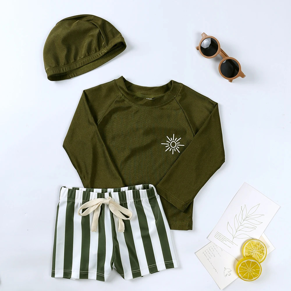 1-7T Summer Kids Boy Swimsuits Vacation Beach Pants Long sleeve Tops with Hat Toddler Sets Fashion Children Surfing Swim Suit 250326
