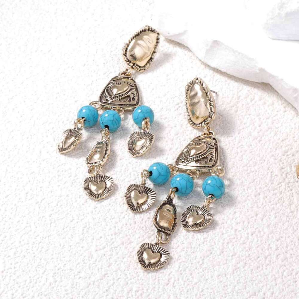Vintage Western Style Antique 3D Relief Heart Fringe Earrings