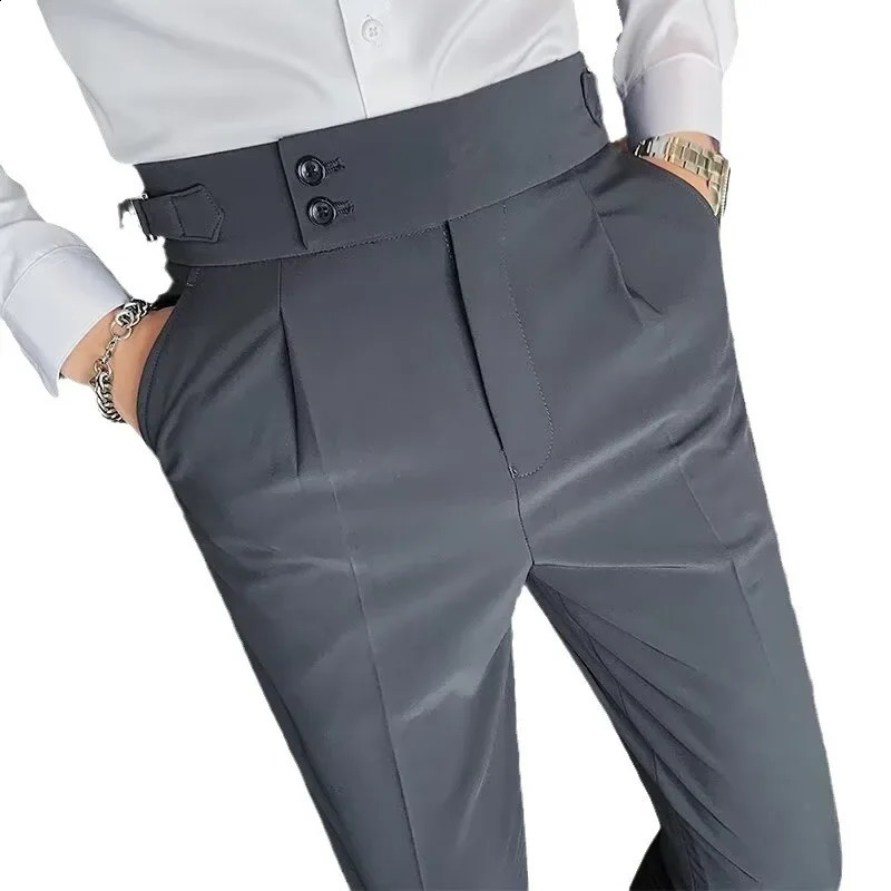 Italian Mens High-waisted Adjustable Belt Casual Suit Pants Parisian Buttoning Nine-point-fourth Length Trousers 250317