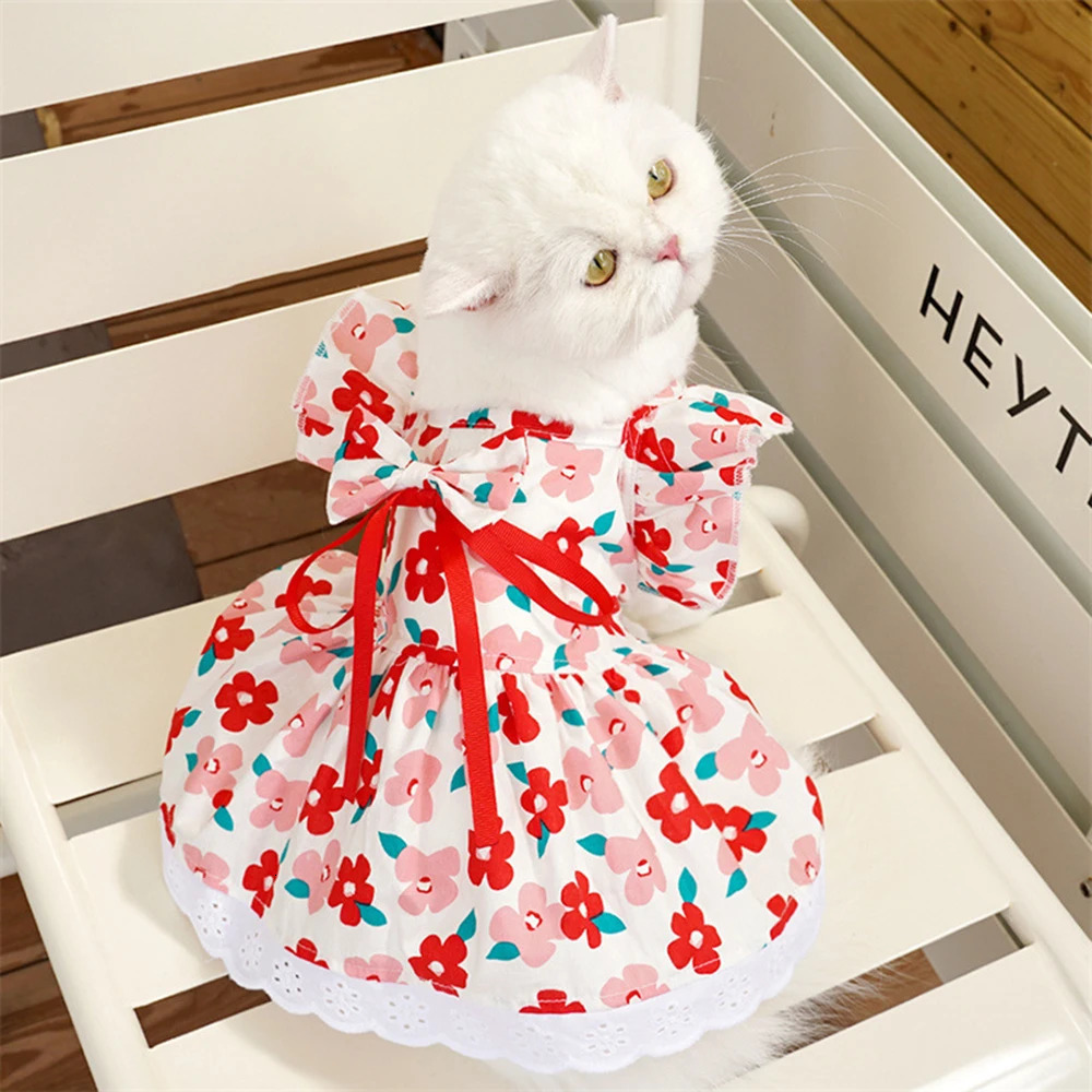Pet Summer Flying Sleeve Dress Flower Bow Plaid Princess Dresses For Small Dog Cat Fashion Lace Ruffles Puppy Clothes 250326
