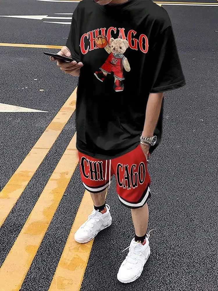 Cartoon Bear 3D Printed Mens Round Neck Short Sleeve 2-piece Set Urban Street Trendy Mens Top Outdoor Mens Drawstring Short SleeveXJ250326