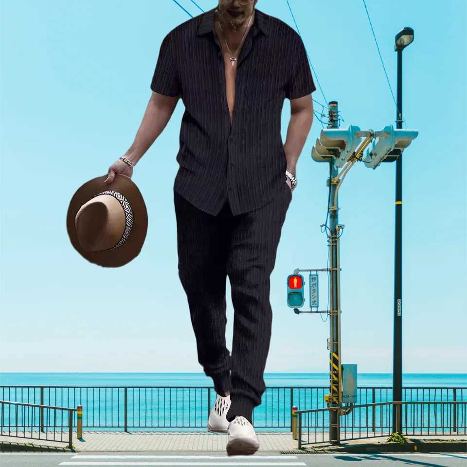Ultra thin and lightweight summer mens casual loose short sleeved+Trousers beach set casual solid color lapel setXJ250326
