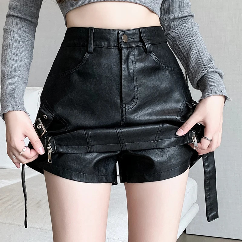 Washed PU leather shorts skiing autumn winter womens clothing fashion double zipper Aline mini street Y2K wide leg 250321