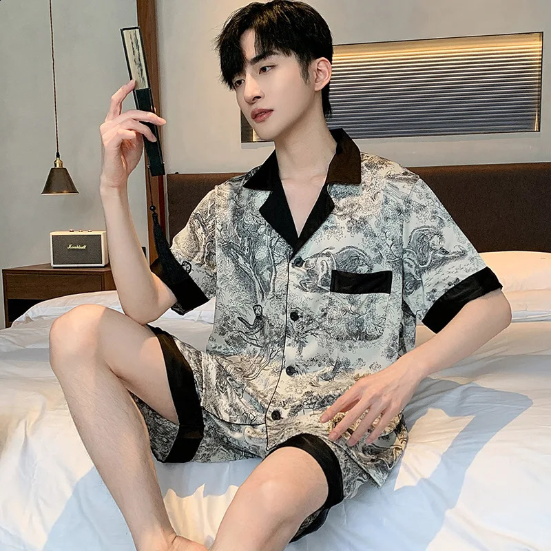 High quality fashion ink pajama set for men ice silk thin summer short sleeved satin home clothing loose pajama set for men 250411