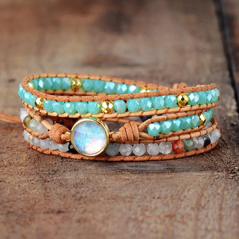 Top Quality Women Bracelets Natural Opal Stone Rhinestone 3 Rows Leather Wrap Bracelet Fancy Femme Boho Bracelets Dropship 250318