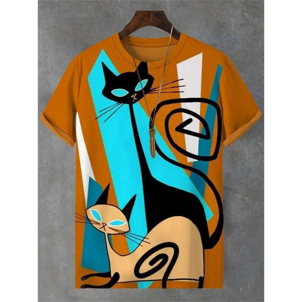 Interesting cat pattern T shirt for men fashionable summer short sleeved round neck D printed children s casual oversized Harajuku
