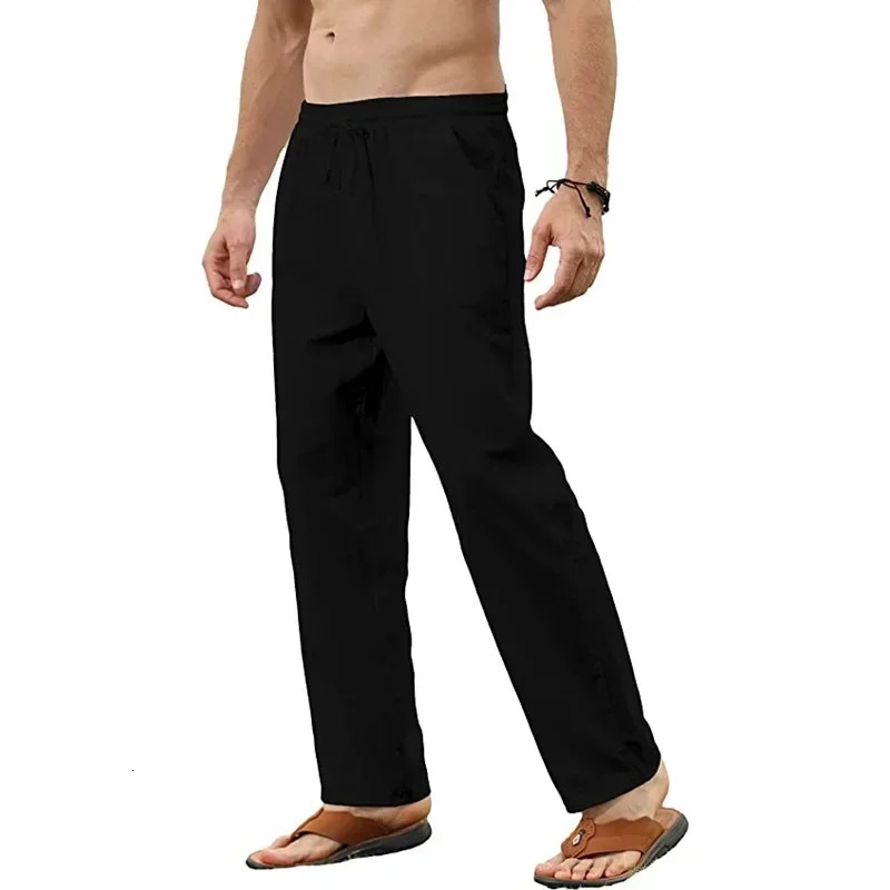 Fashionable mens cotton linen pants jogging streetwear breathable solid color vacation summer loose 250327