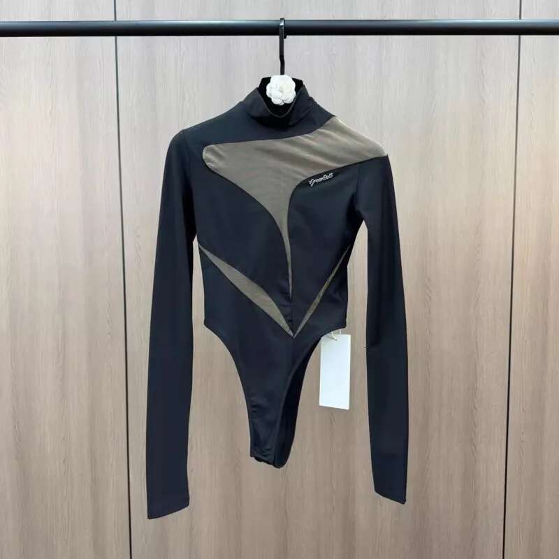 Spring New Arrival Long Sleeve Patchwork Mesh Transparent Bodysuits Women Romper Gt011