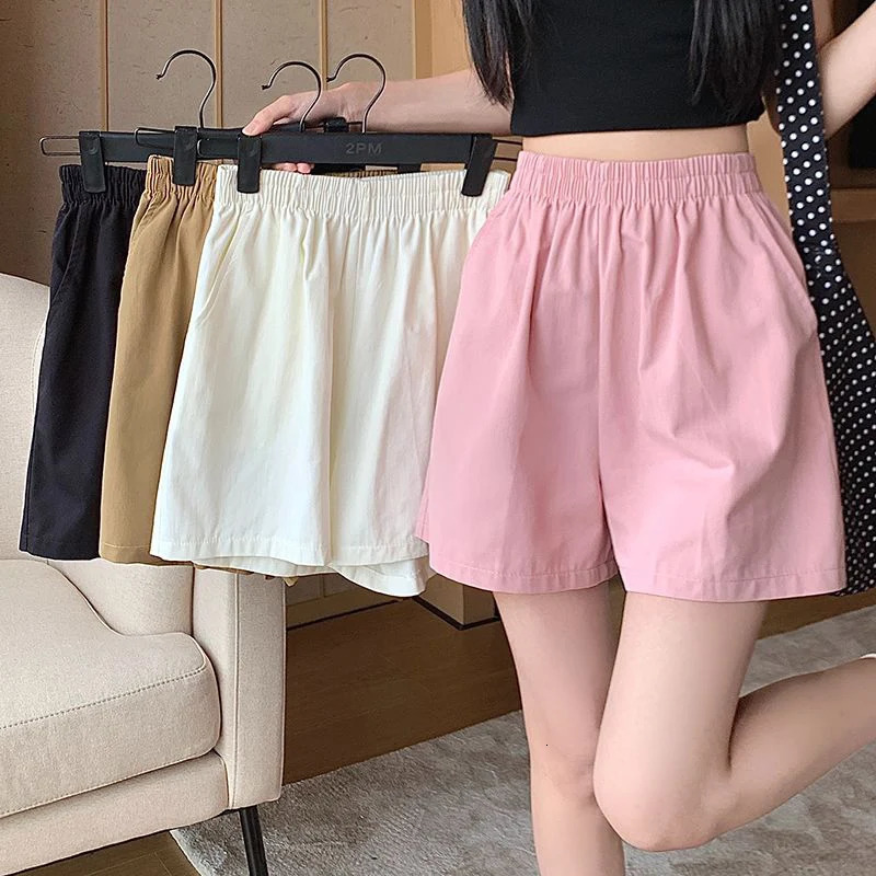 Summer Womens Double Pocket Cargo Shorts Solid Wide Leg Wash Cotton Girls Korean Bag High Waist Muffin 250326