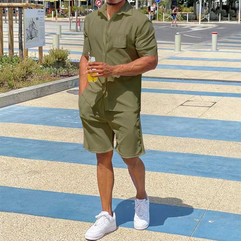 Casual loose mens two-piece set 2025 summer casual solid color shirt and shorts mens clothing fashion short sleeved setXJ250326