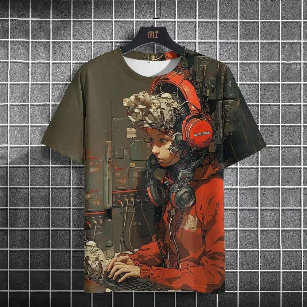 Men's Japanese T-shirt, mechanical character pattern T-shirt, short sleeved printed T-shirt, men's oversized jacket