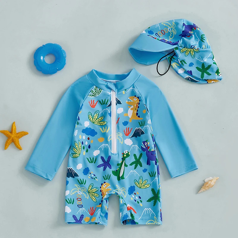 0-5Years Kids Boy Rash Guard Swimsuits Shark Print Long Sleeve Half Zip-up Bathing Suit with Sun Hat 2 Pcs Swimwear for Toddler 250326