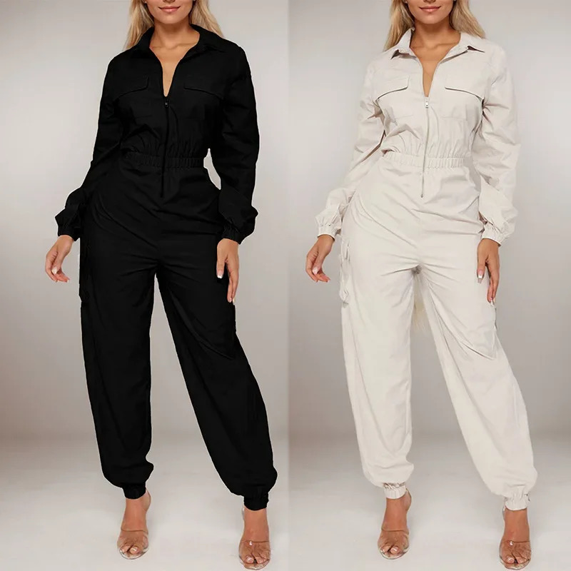 Fashion crossover womens jumpsuit with elastic waist pocket and fit outdoor work clothes long pants 250326