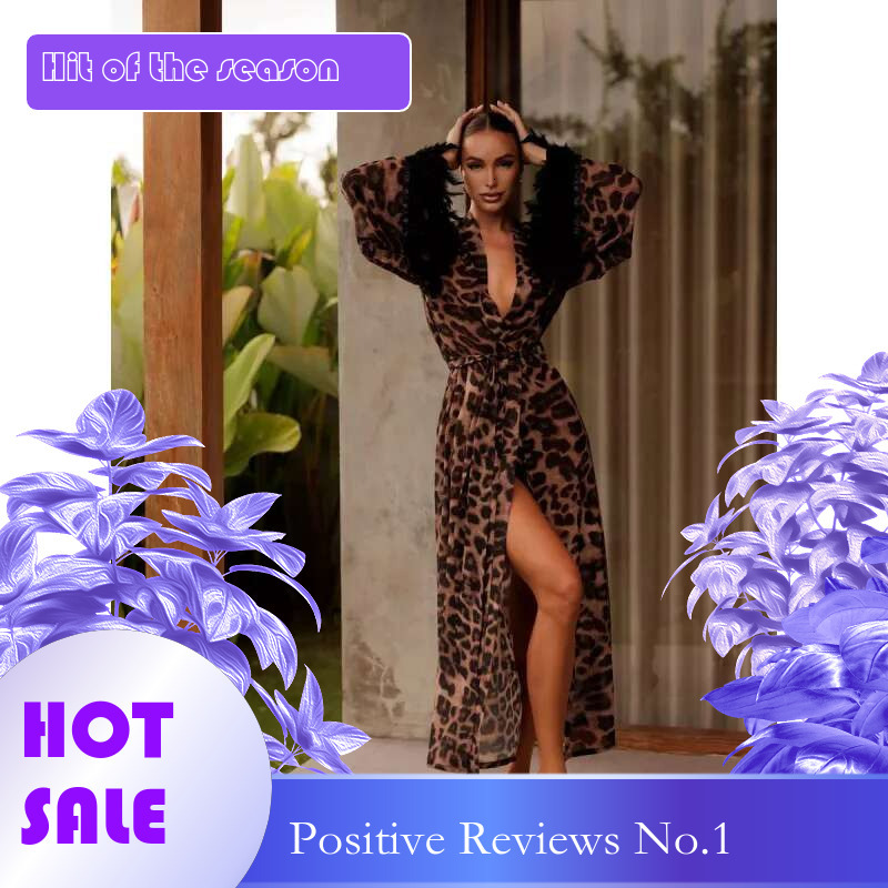 Dongdumaoyi New Leopard Print Long Sleeve High Waist Slit Dressvcollar Graceful Personality Fashion Women C