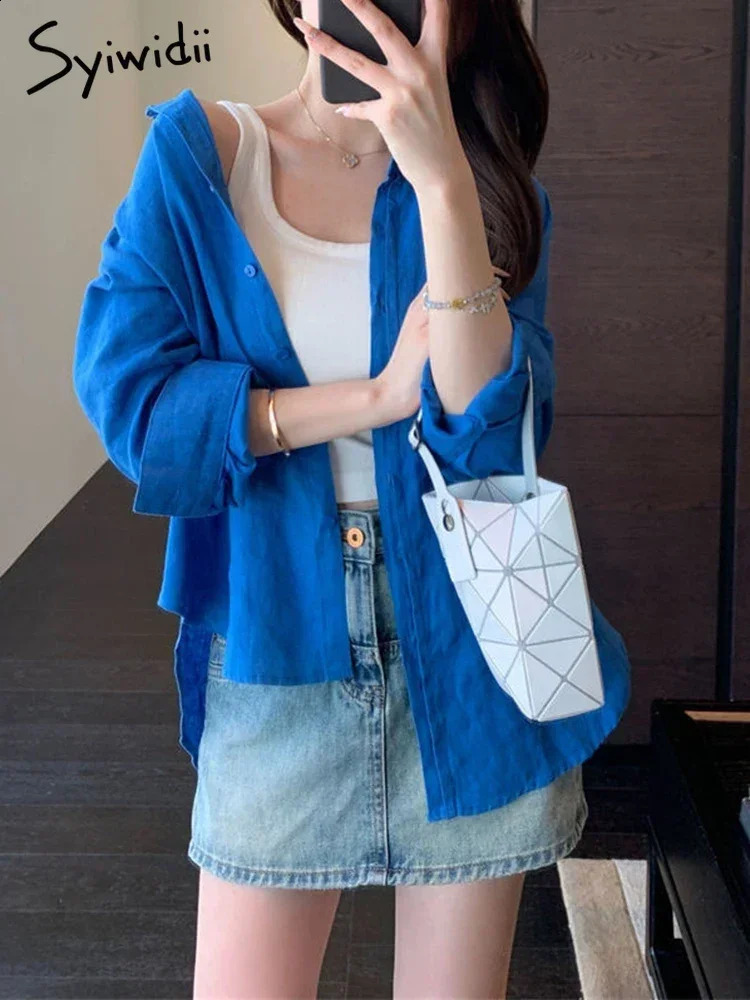 Syiwidii Blue Womens Linen Shirt Long Sleeve Elegant White Oversize Blouse Vintage Spring Basic Top Collar Cotton Linen Shirts 250326