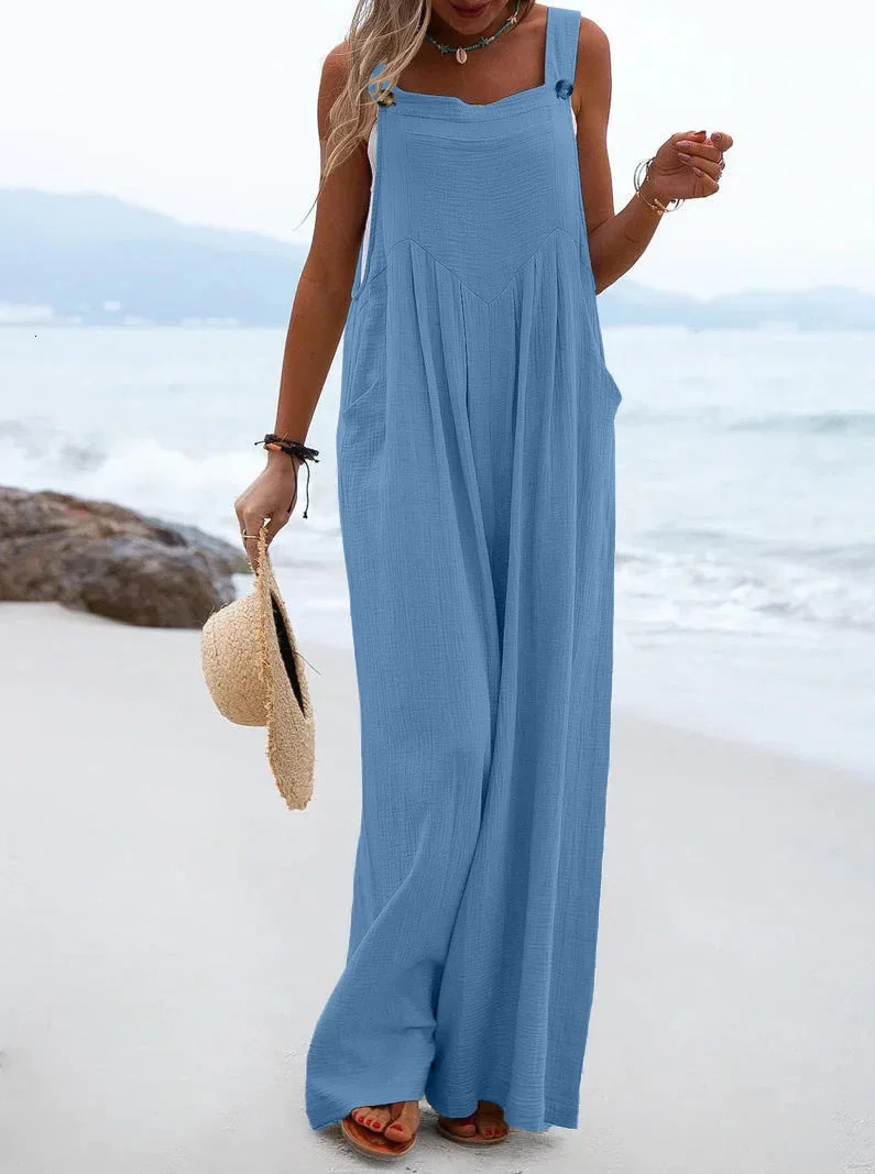 Womens onepiece summer pocket suspender jumpsuit wide leg pants Vneck pullover loose casual Y2K streetwear 250326