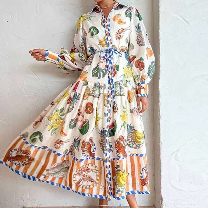 Dongdumaoyi Dames Lantaarnmouwen Print Kraag Taille Kalkende Lange Mouwen Flare Lentejurk C