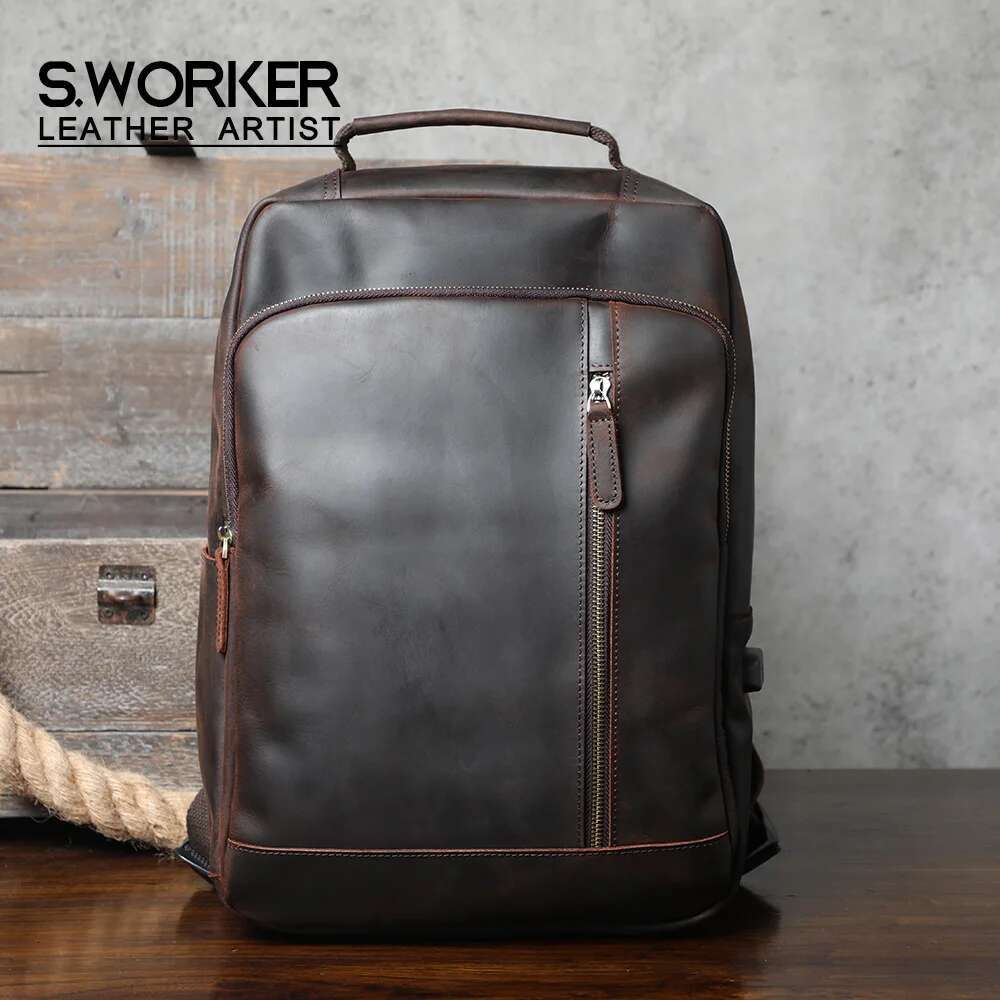 S.Worker Vintage Genuine Backpack Laptop Crazy-Horse Leather School Outdoor Travel Weekender Shoulder Bag