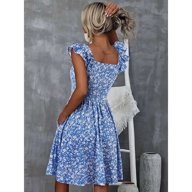 Dongdumaoyi Jurk Met Bloemenprint Vierkante Hals En Opgestikte Zakken Elegante Jurk Ruchemouwen Taille Ruches Voor Lente Zomer WD