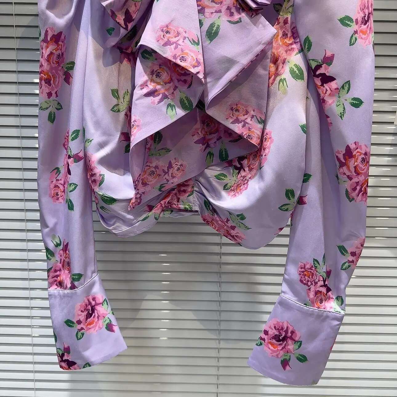 hoodie Autumn New Arrival Fluffy Sleeve Bow Ruffled Collar Purple Ral Print Blouse Women jacket