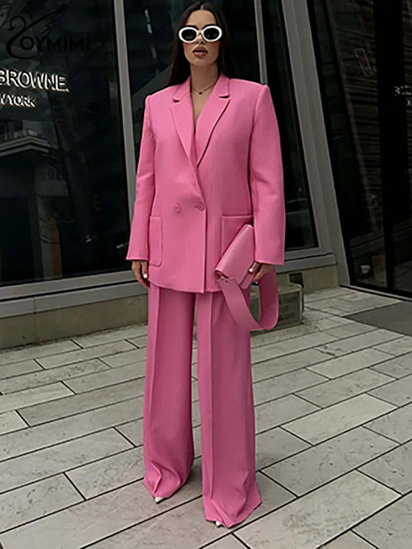 Oymimi Elegant Pink Printed Womens Two Piece Fashion Long Sleeve Pocket Button Jacket and Straight Trouser Set 250326